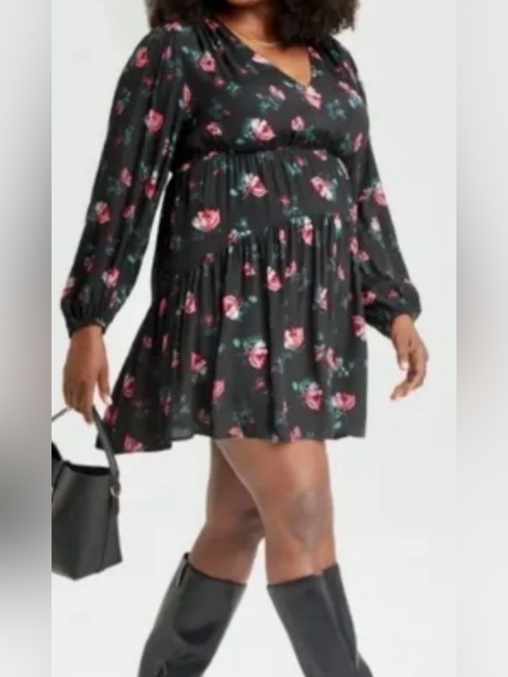 A New Day Women's 4X Floral Print Long Balloon Sleeve V-Neck Mini Dress NWT